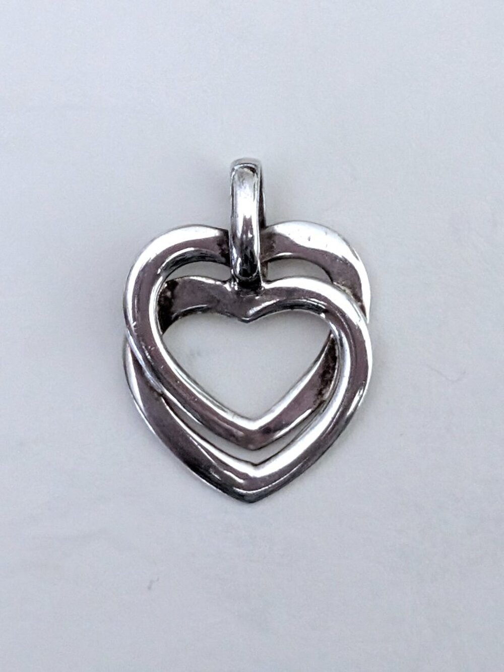 Vintage Sterling Silver 925 Intervened Double Open Heart Hearts Pendant Charm